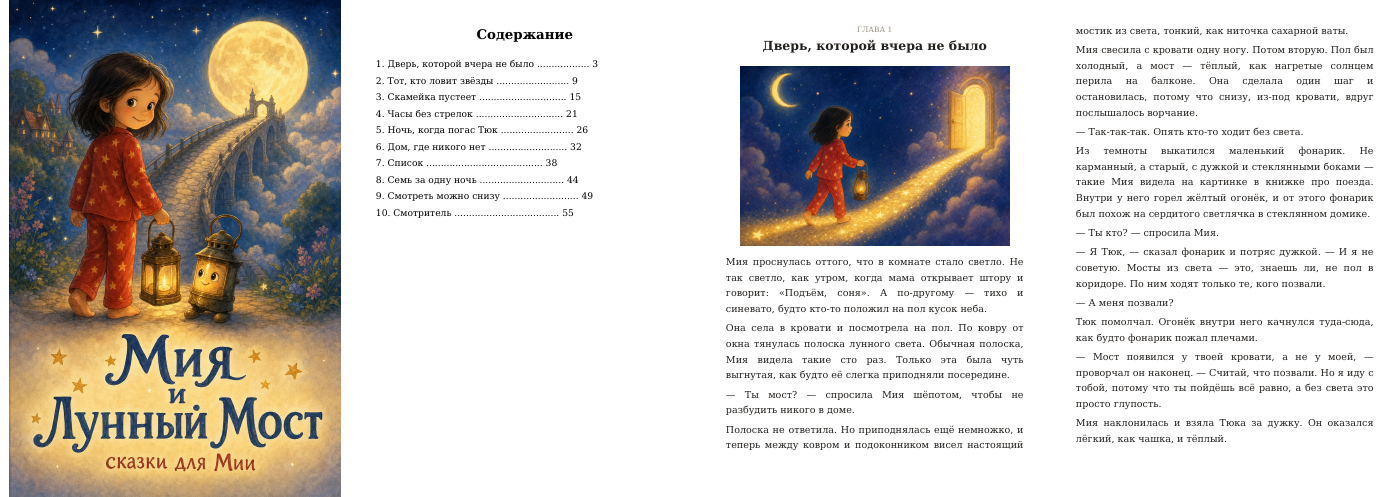 Разворот книги: обложка, содержание и глава с иллюстрацией
